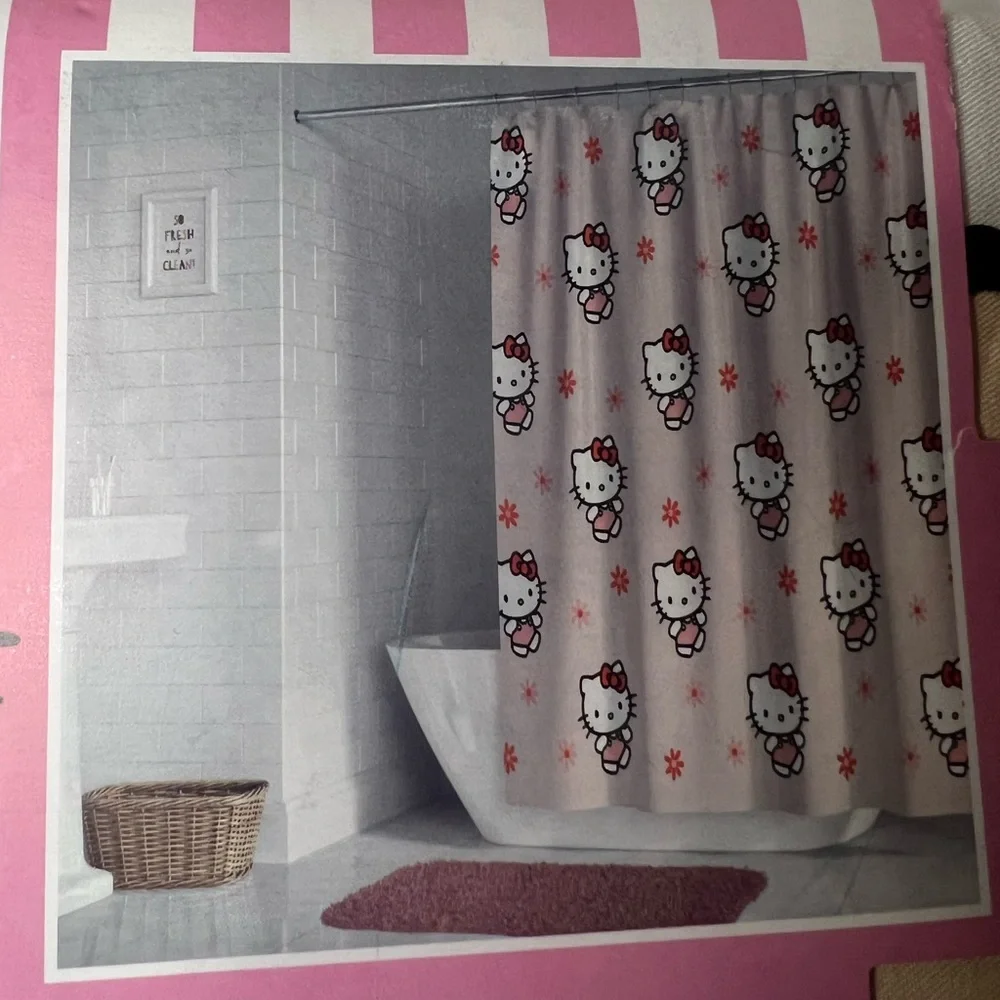 Hello Kitty Pink Flowers Cream background Shower Curtain